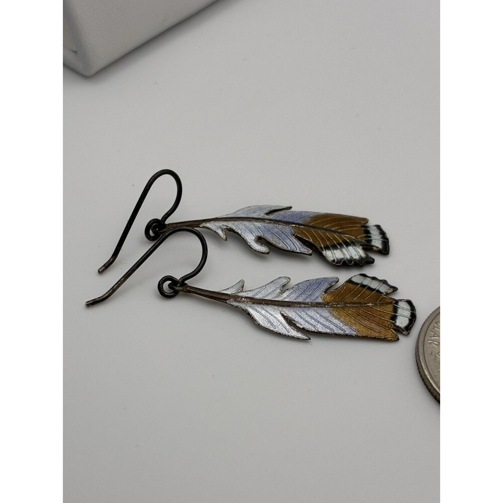 Blue Brown Feather Sterling Silver Hook Pierced Earrings Southwestern Style 1.5” - Picture 8 of 9